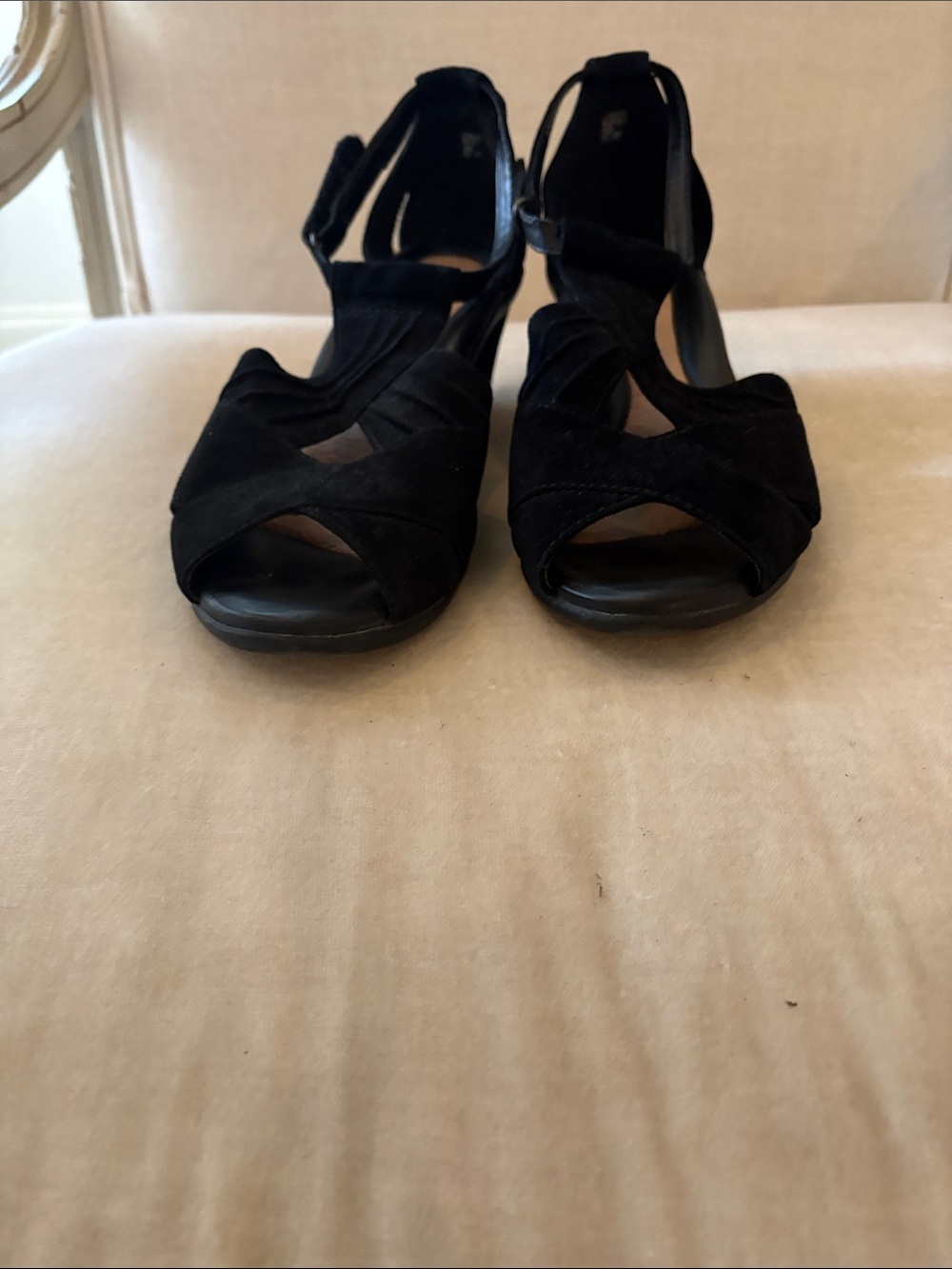 Earth Black Suede Peep-Toe Heeled Sandals